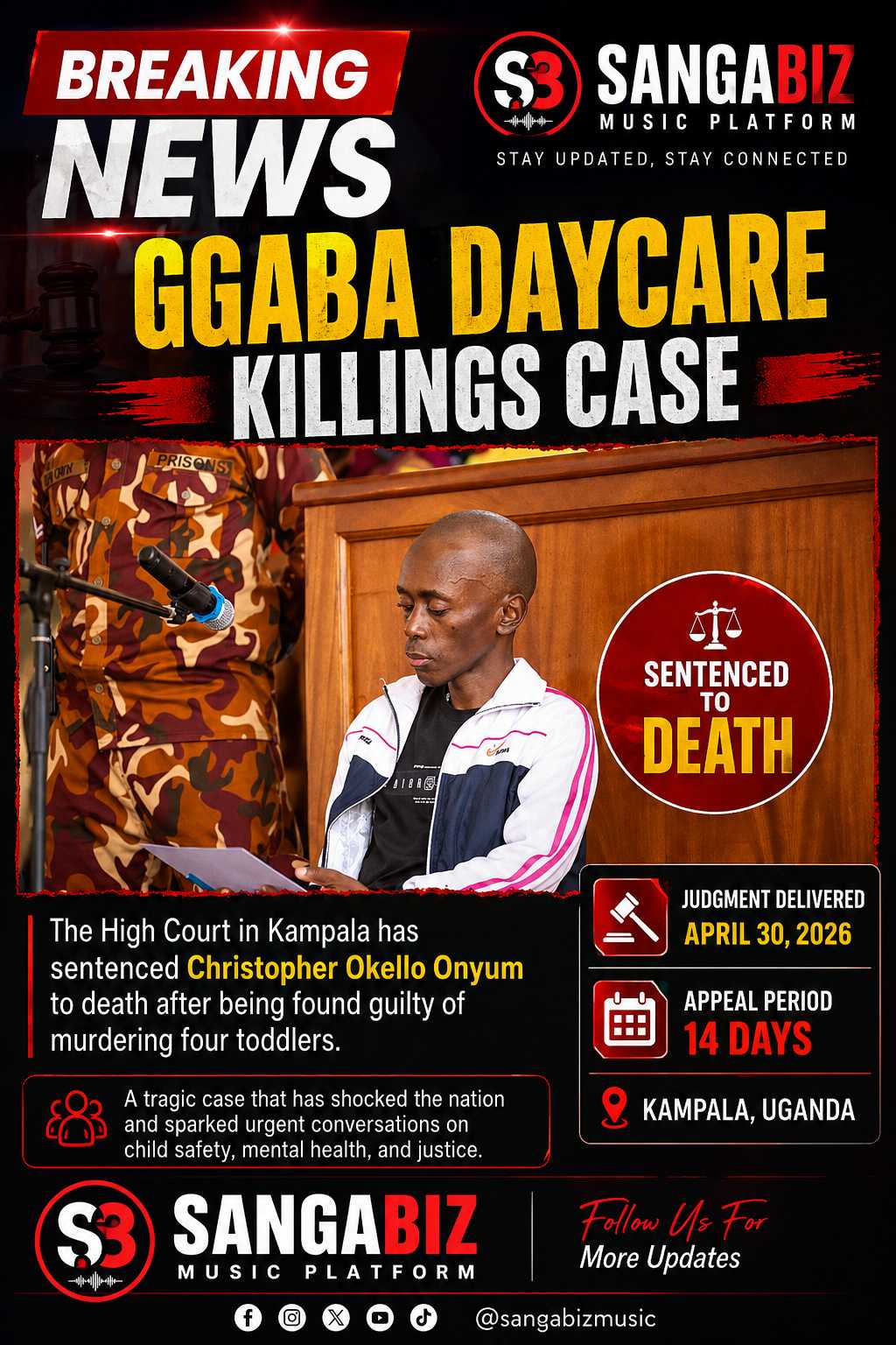 Ggaba Daycare Killings: Okello Sentenced to Death, Given 14 Days to Appeal