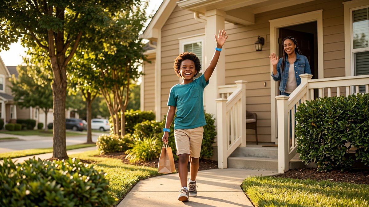 Child arriving home safely and confidently after an independent errand, parent greeting at the door with a smile