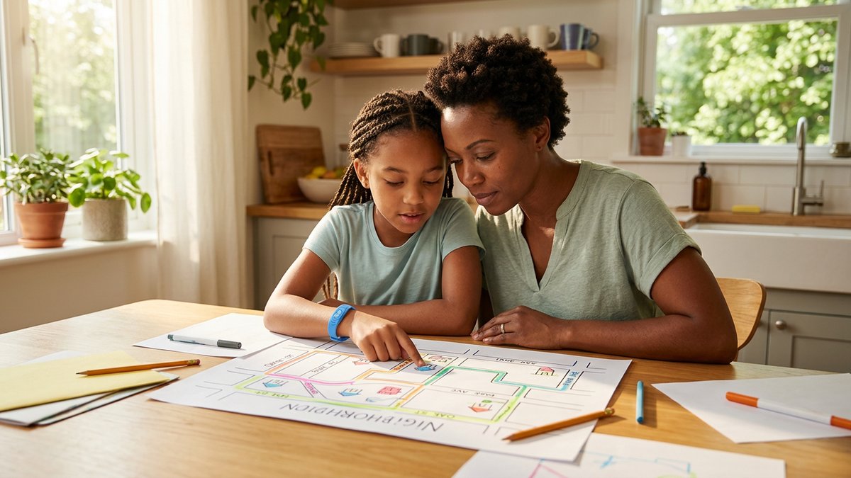 Parent sitting at kitchen table with child looking at a hand-drawn neighborhood map together, planning safe routes