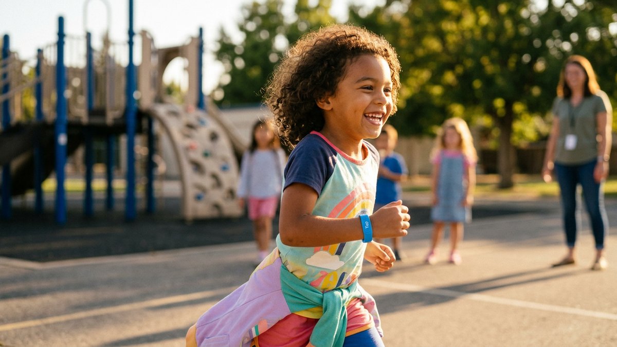 A child happily running at recess wearing a colorful NFC safety wristband visible on their wrist