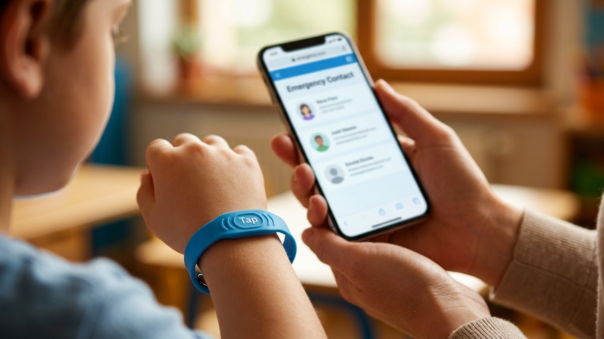 Close-up of a teacher's smartphone displaying a child's emergency profile after tapping an NFC wristband