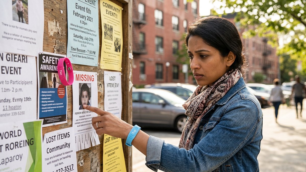 A concerned parent looking at a missing child flyer posted on a community bulletin board outdoors