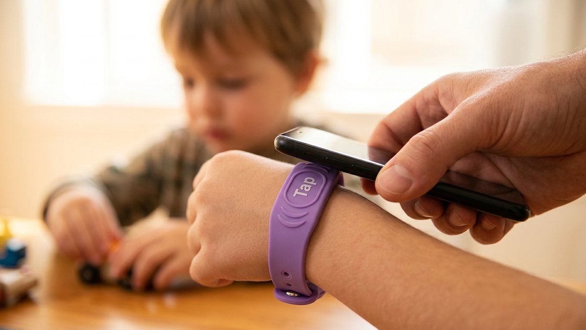 Close-up of a child wearing a silicone NFC wristband while an adult taps it with a smartphone