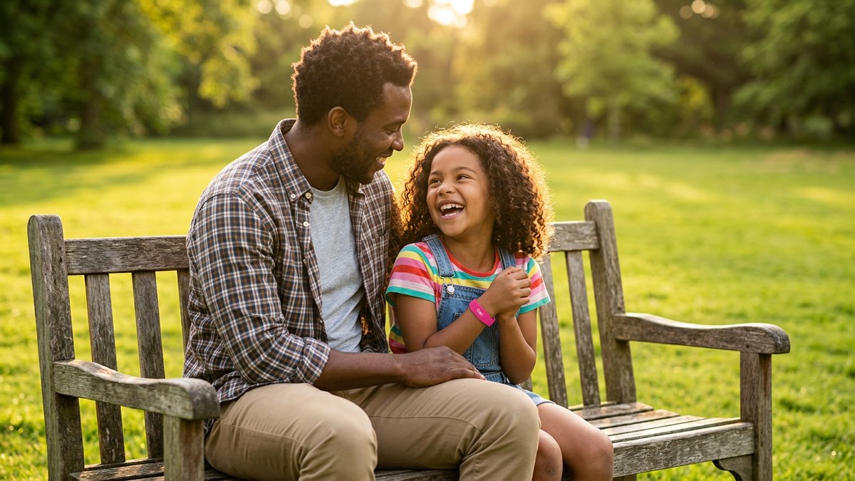 A parent and young child sharing a moment of connection and laughter outdoors, the child wearing a colorful wristband, both looking relaxed and joyful