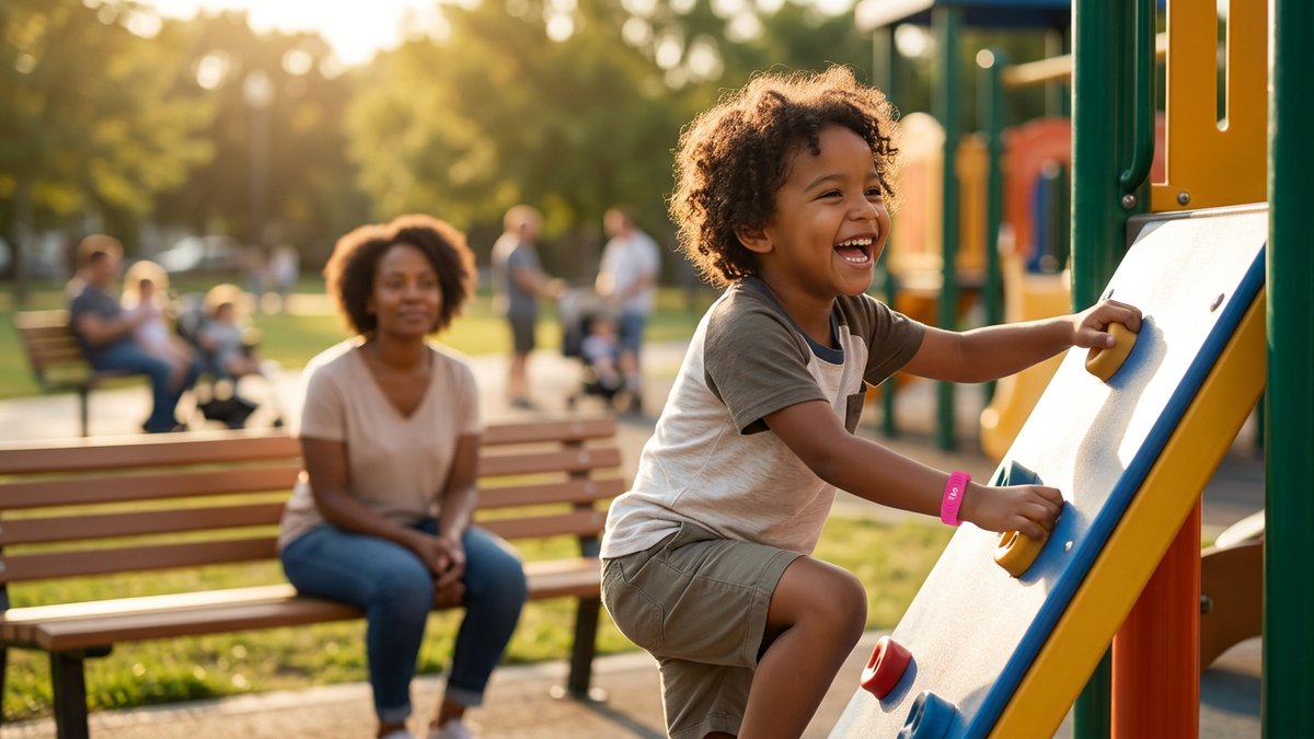 A child wearing a medical alert wristband playing at a playground while a watchful caregiver looks on from nearby