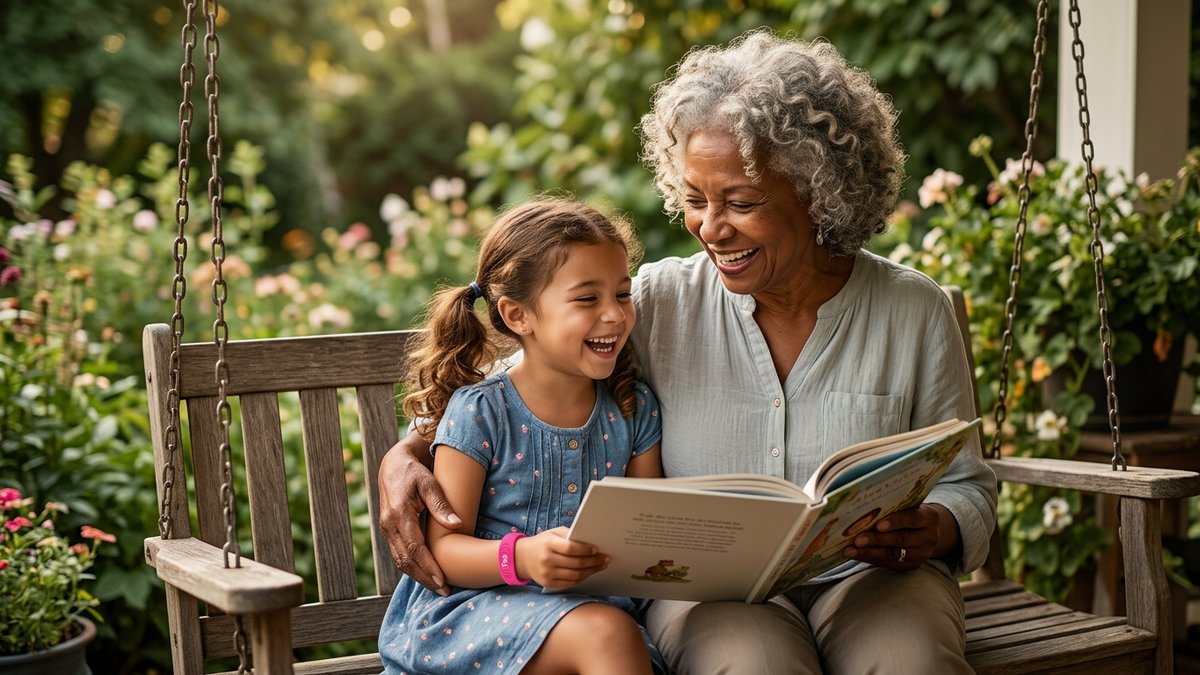 Grandmother and granddaughter sitting together on a porch swing, reading a book together, with a colorful wristband on the child's wrist
