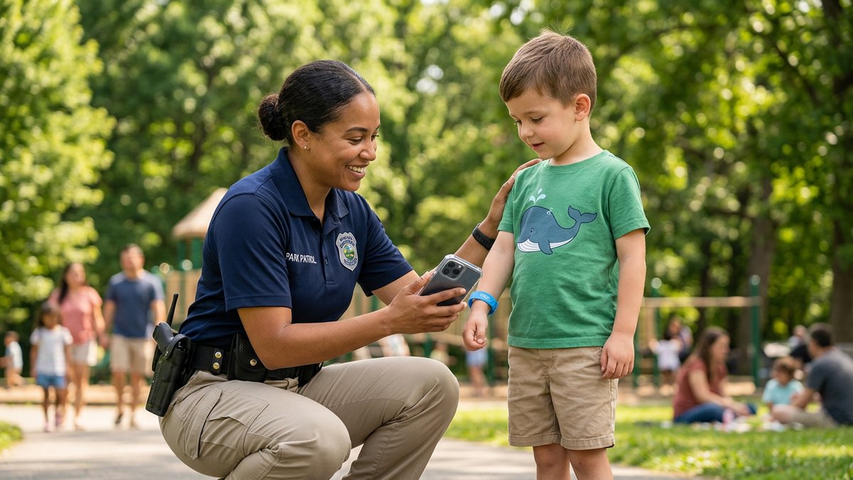 Park security officer tapping a smartphone to a young boy's blue TapTap Buddy wristband while the boy stands calmly nearby