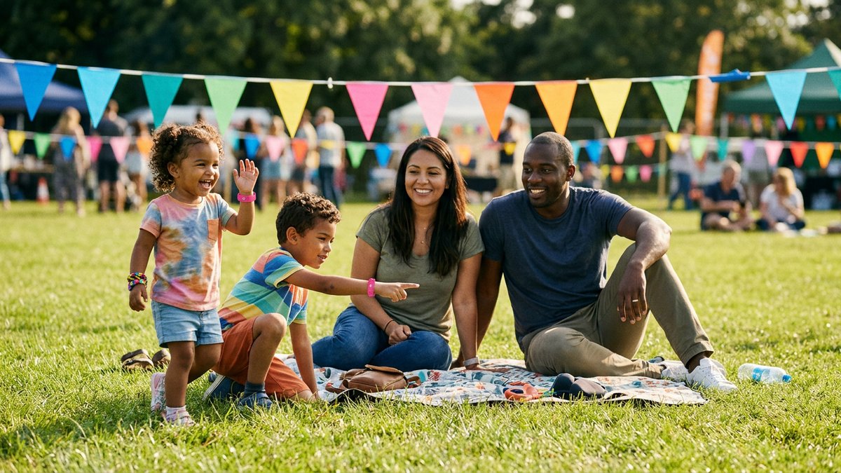 Confident relaxed family with young children playing freely at an outdoor community event