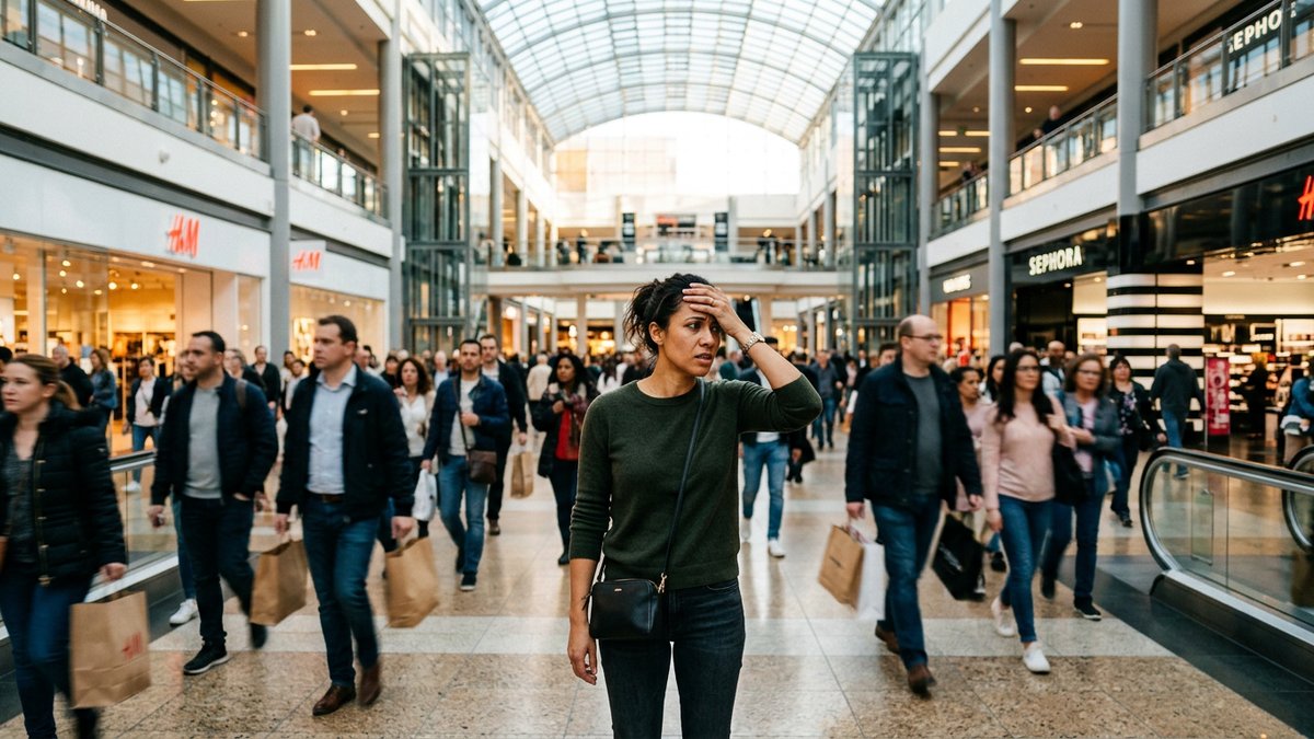Frantic parent searching a crowded indoor public space while child is nowhere in sight