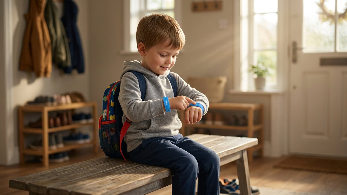 Young boy fastening a blue silicone NFC wristband as part of his morning routine before school