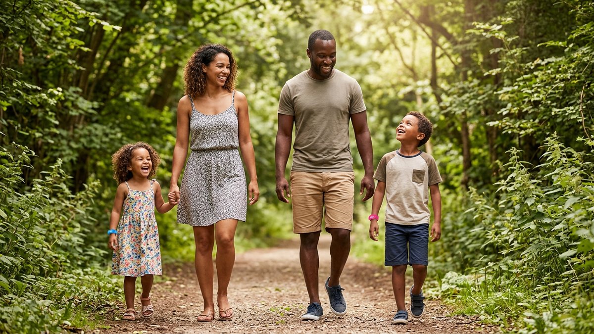 Happy family with young children enjoying a day at an outdoor park with confident smiles