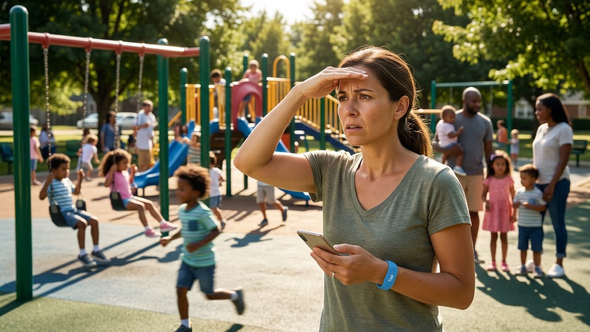 Worried parent scanning a crowded playground looking for their child among many families