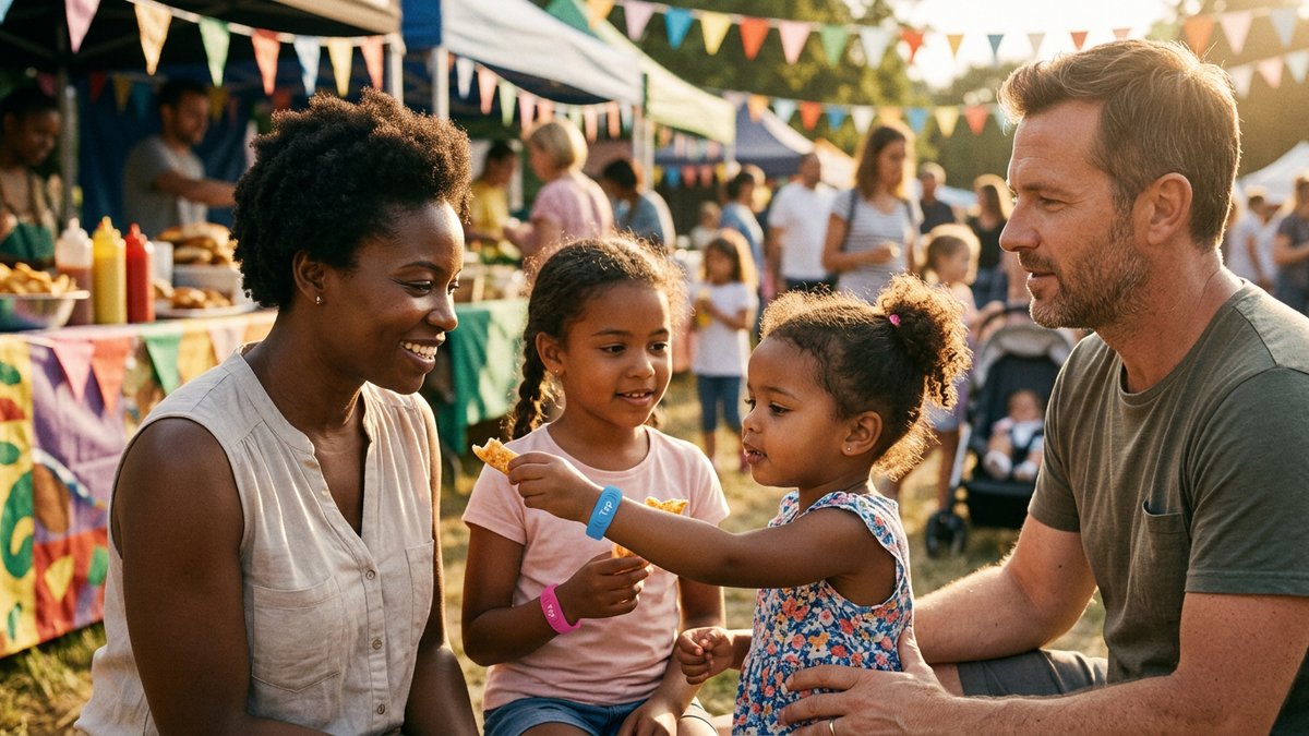 A relaxed family of four enjoys a sunny outdoor festival together, a young child wears a colorful safety wristband