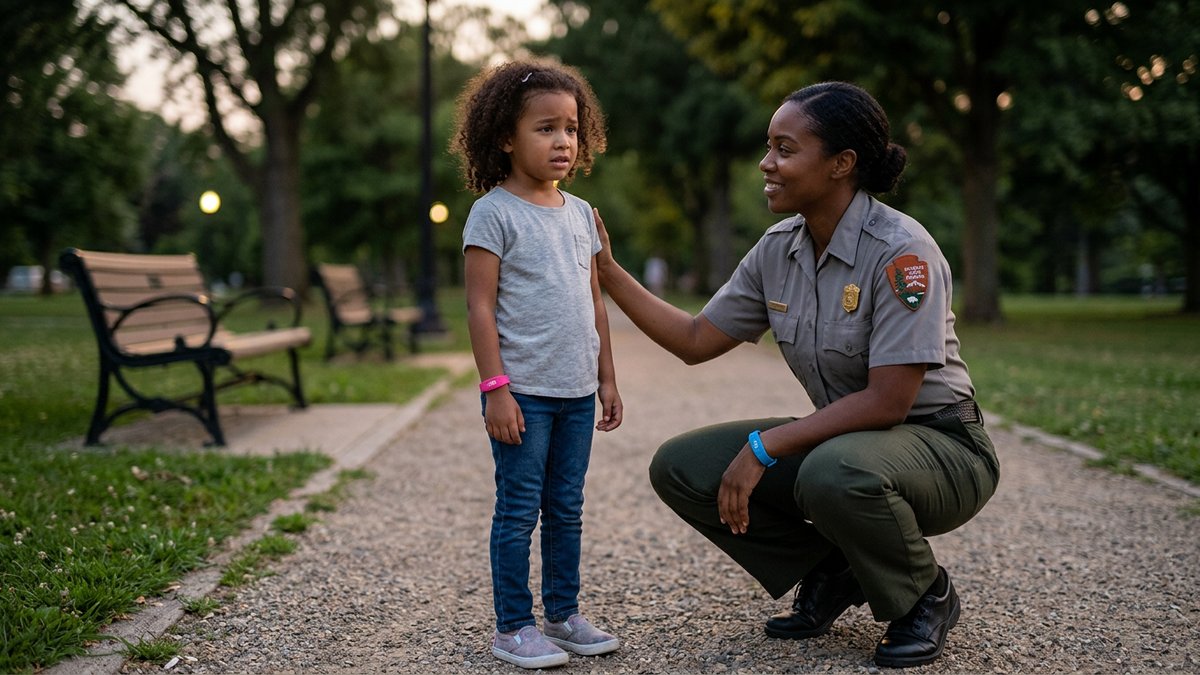 A first responder gently assists a young child who appears uncertain, near a community park at dusk