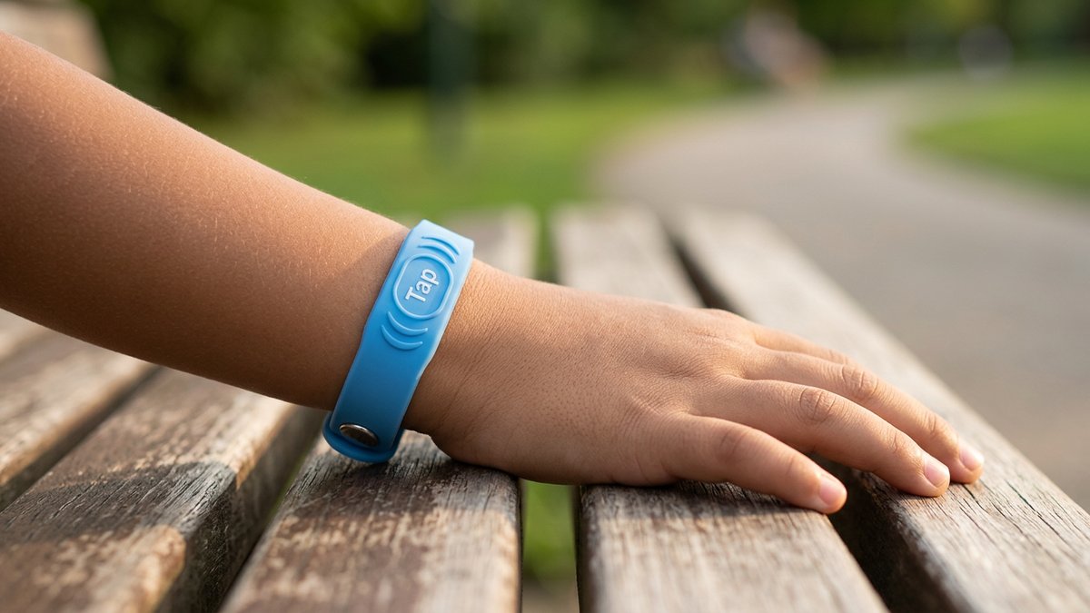 Close-up of a young child's wrist wearing a silicone NFC safety wristband with Tap embossed on it, outdoors in natural light