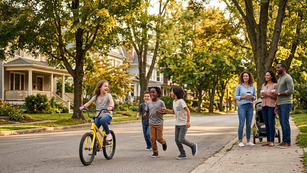 Children playing freely on a residential street while neighborhood parents watch and socialize nearby