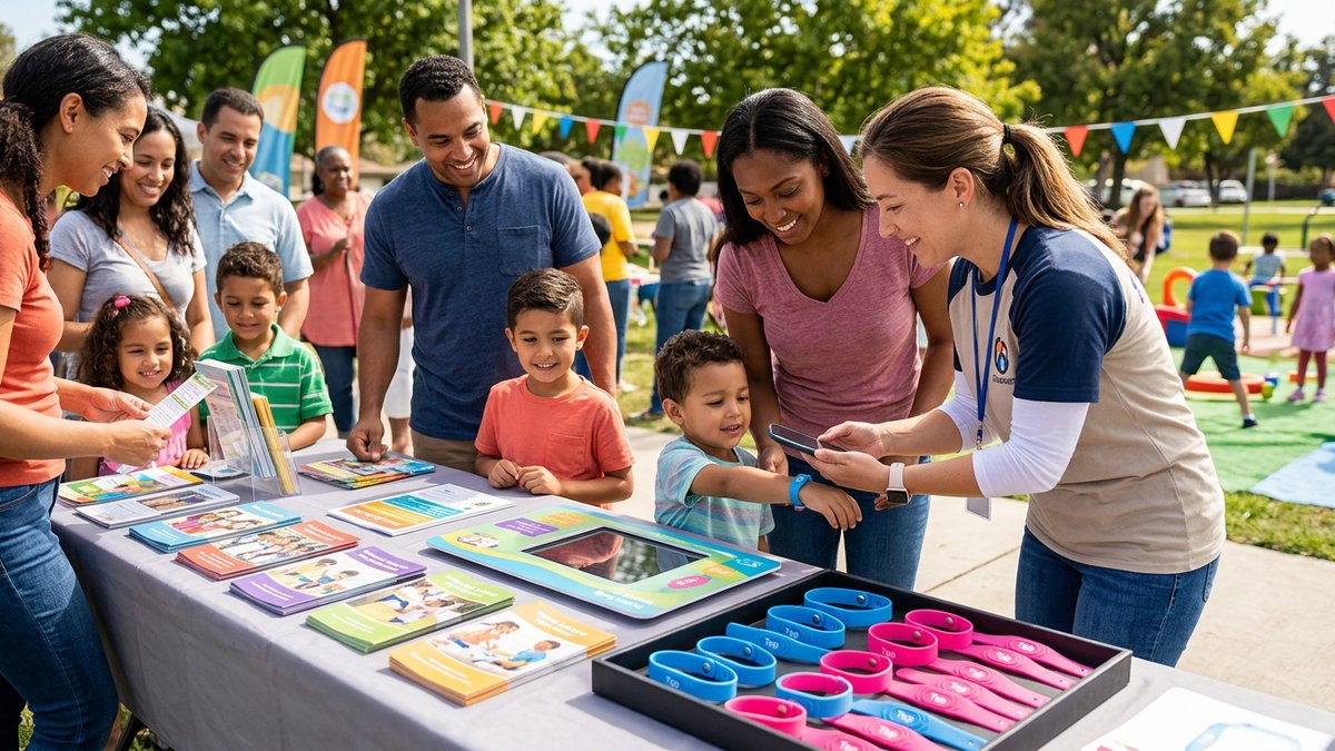 Children and parents at an outdoor neighborhood safety fair table reviewing child safety materials and wristbands