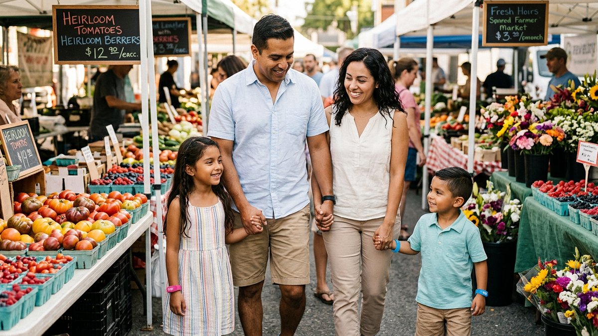Happy family with two young children walking confidently through a busy farmers market, children wearing colorful wristbands