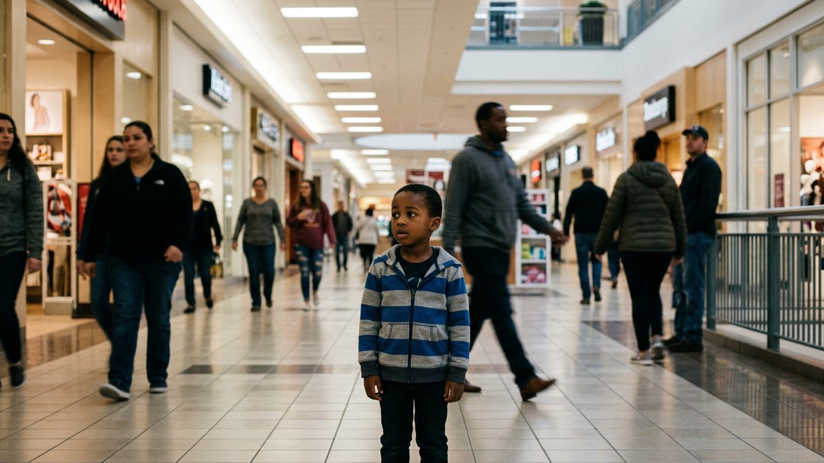 Young child standing alone in a busy shopping mall looking uncertain and hesitant, adults walking past