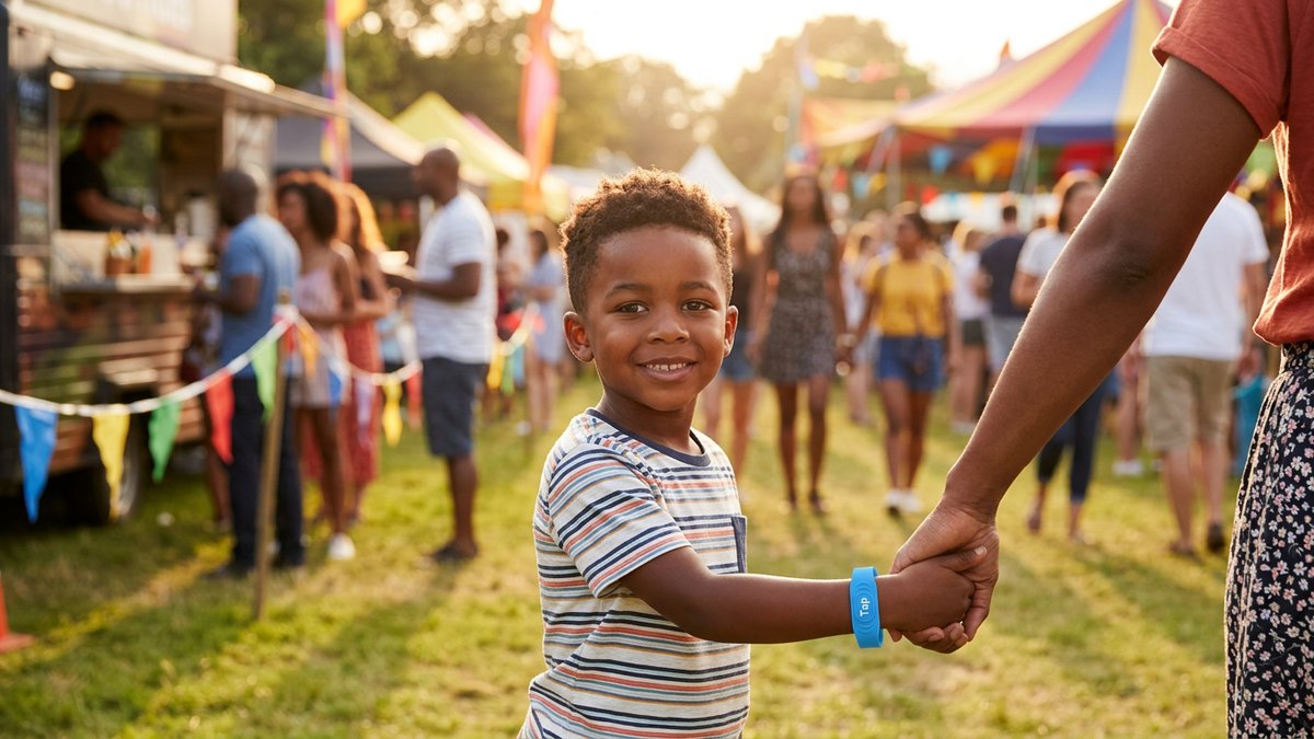 Young boy wearing a blue TapTapBuddy NFC wristband, smiling confidently while holding his parent's hand at a busy outdoor festival