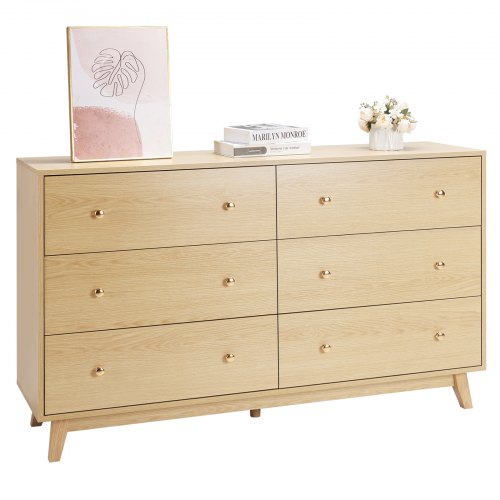 VEVOR Ladekast met 6 lades en kantelbeveiliging, minimalistische moderne ladekast (39,9 x 137,2 x 81,3 cm) Organizer ladekast voor woonkamer slaapkamer entree (licht hout)