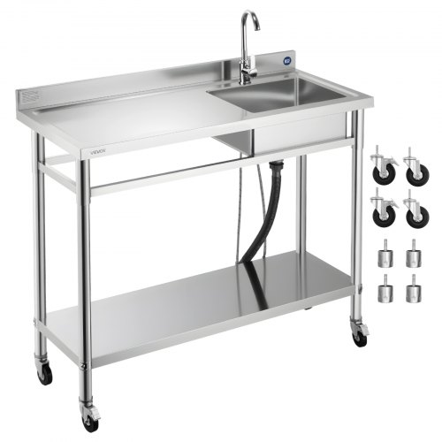 VEVOR RVS spoelbak (1200 x 500 x 1055 mm), enkele kom met kraan en wielen, keukenspoelbak voor garage, restaurant, wasruimte, buitenwasbak met werkblad (links)