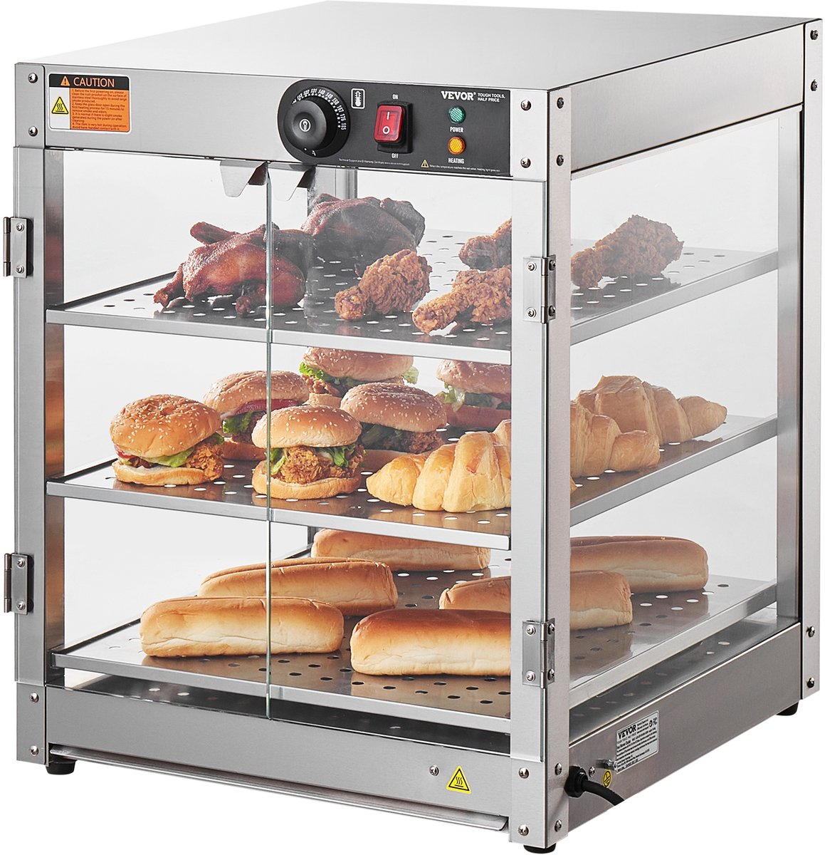 VEVOR 3-laags commerciële voedselverwarmer, 800W voedselverwarmer met licht voor een betere presentatie van het eten, temperatuurregeling van 30°C tot 85°C, grote capaciteit van 90 liter voor hamburgers, pizza, brood en gefrituurde kip