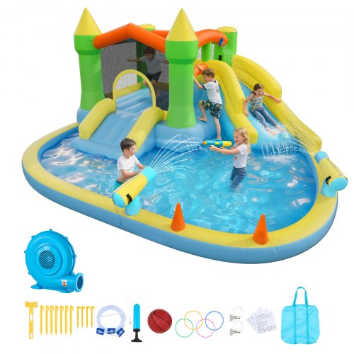 VEVOR Opblaasbaar Water Springkasteel (382 x 398 x 197 cm), Springkasteel met Waterglijbaan, Springkasteelelementen, Basketbalring, Zwembadje en Ringwerpspel, voor 3-4 kinderen (3 tot 8 jaar)