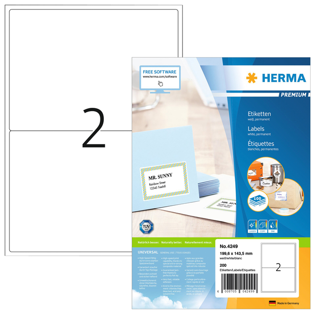 Etiket HERMA 4249 199.6x143.5mm premium wit 200 stuks