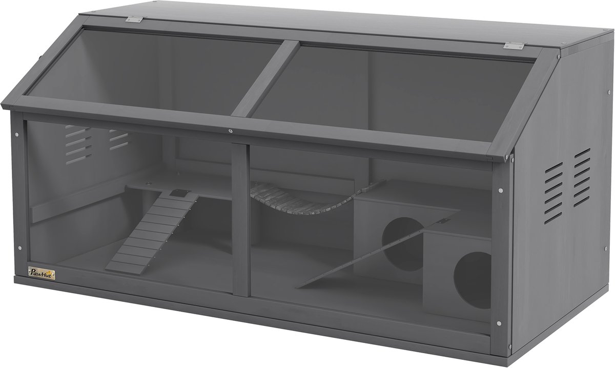 4goodz Pawhut houten hamsterkooi met houten huis 52x100x50 cm grijs