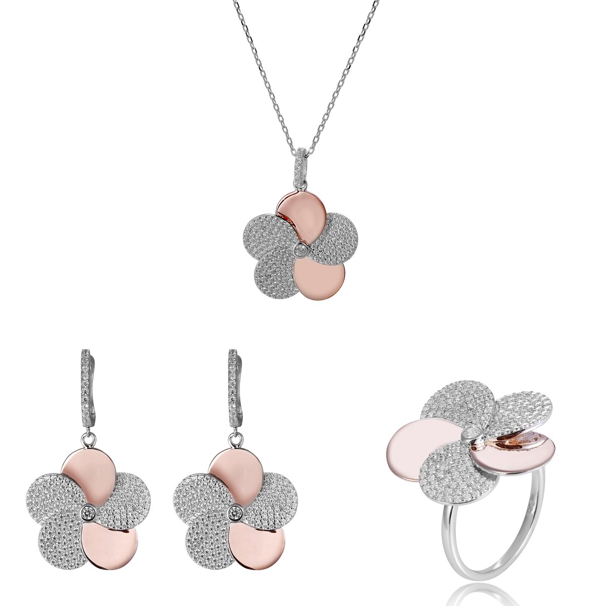 Orphelia 'Fioni' Dames 925 Sterling Zilveren Set: Ketting + Oorbellen + Ring - Zilver/Roze SET-7452