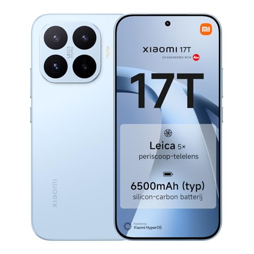 Xiaomi 17T, Smartphone 12+512 GB, 6,59" 120Hz oogzorgscherm, 6500mAh (typ) Silicium-koolstof Batterij, Leica 5x Telelens, 67W HyperCharge, MediaTek Dimensity 9500, Blauw, 1 jaar extra garantie