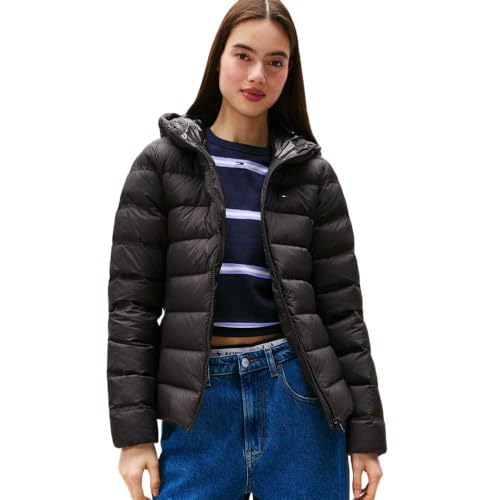 TOMMY JEANS Dames TJW SLIM HOOD PRNT DOWN JCKT EXT DW0DW21617, Zwart, XS, Zwart (zwart), XS