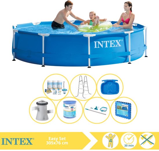 Intex Metal Frame Zwembad - Opzetzwembad - 305x76 cm - Inclusief Onderhoudspakket, Zwembadpomp, Filter, Onderhoudsset, Trap, Voetenbad en Zwembadtegels