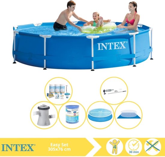 Intex Metal Frame Zwembad - Opzetzwembad - 305x76 cm - Inclusief Solarzeil, Onderhoudspakket, Zwembadpomp, Filter, Grondzeil en Stofzuiger