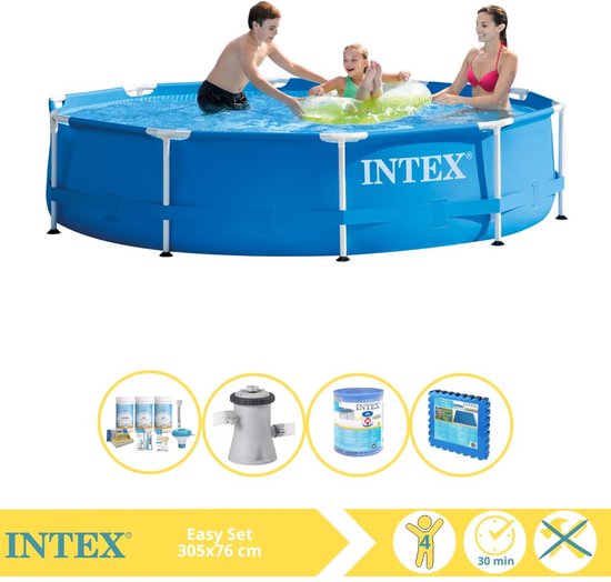Intex Metal Frame Zwembad - Opzetzwembad - 305x76 cm - Inclusief Onderhoudspakket, Trap, Voetenbad en Zwembadtegels