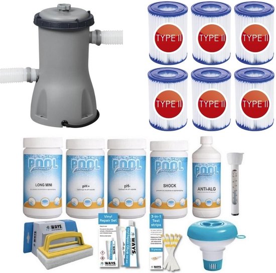 WAYS - Zwembad Onderhoud - Pakket Medium Deluxe & Filterpomp 3028 L/u & 6 Filters Type II