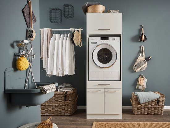 Laundry Wasmachine kast met verhoger en bovenkast - Wasmachine kast - Wasmachine ombouw meubel - Wit - Wasmachine ombouw kast - Hoogte 200 cm - Met bovenkast