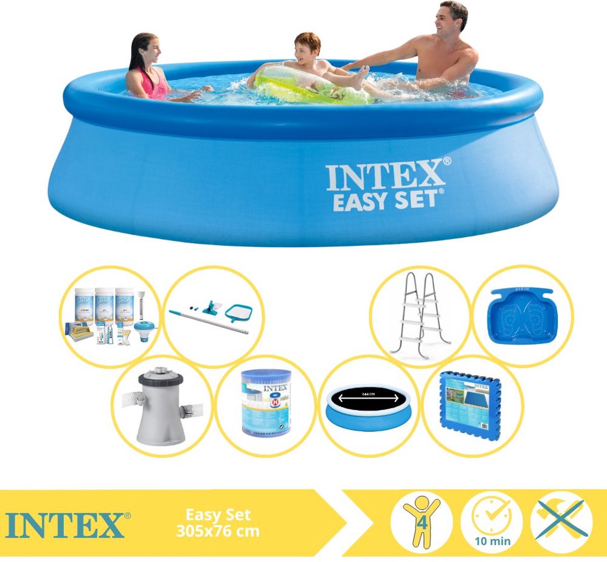 Intex Easy Set Zwembad - Opblaaszwembad - 305x76 cm - Inclusief Solarzeil Pro, Onderhoudspakket, Filter, Onderhoudsset, Trap, Voetenbad en Zwembadtegels