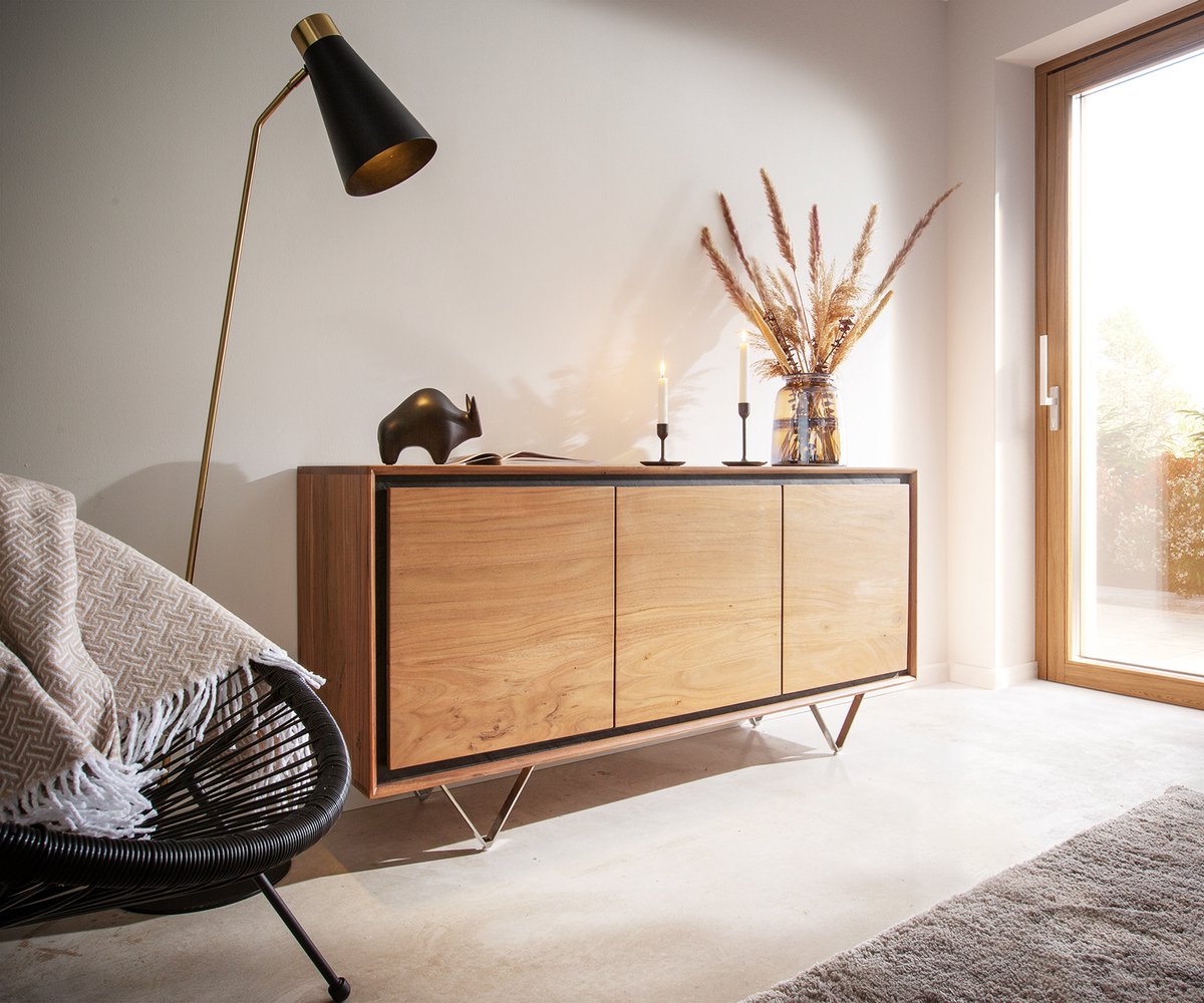 Ladekast Stonegrace Acacia natuur 145 cm 3 deuren steenfineer V-voets Dressoir