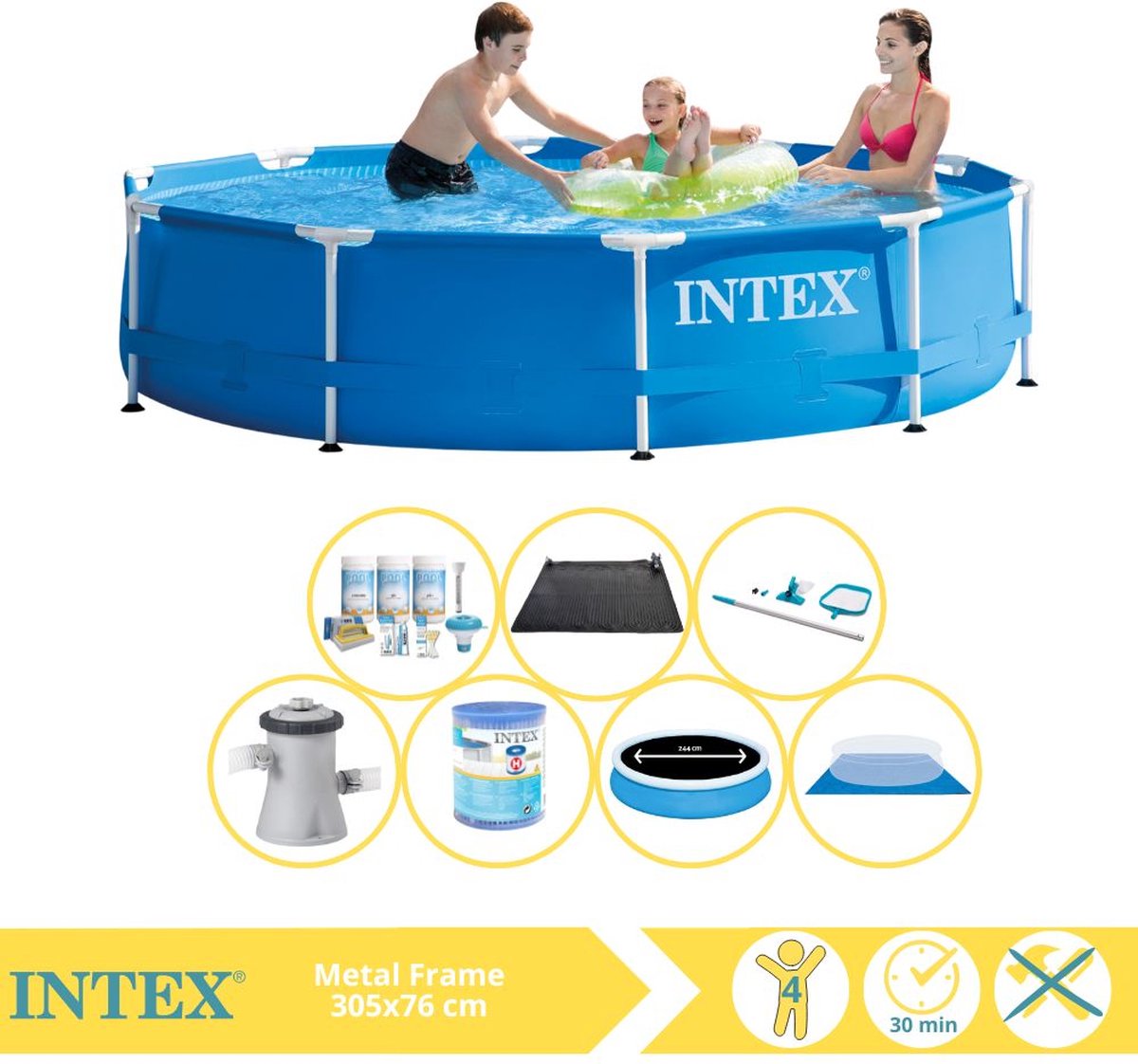Intex Metal Frame Zwembad - Opzetzwembad - 305x76 cm - Inclusief Solarzeil Pro, Onderhoudspakket, Filter, Grondzeil, Onderhoudsset en Solar Mat