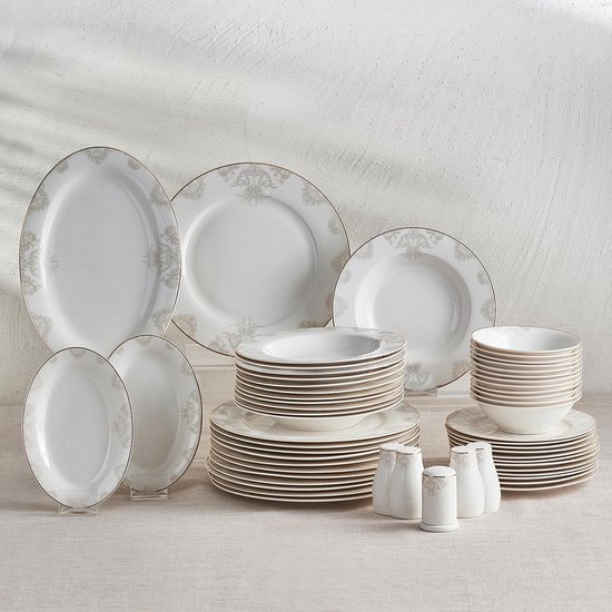 Tafelserviesset, 56-delig, tafelserviesset voor 12 personen, rond, combiservies, wit porseleinen servies, soepborden met platte borden