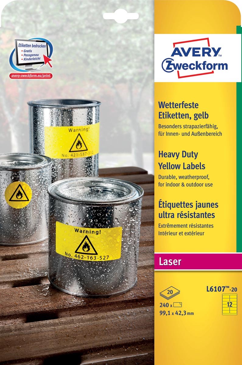 Avery-Zweckform L6107-20 Folie-etiketten 99.1 x 42.3 mm Polyester folie Geel 240 stuk(s) Permanent hechtend Laser (kleur), Laser (zwart/wit), Kopiëren (kleur),