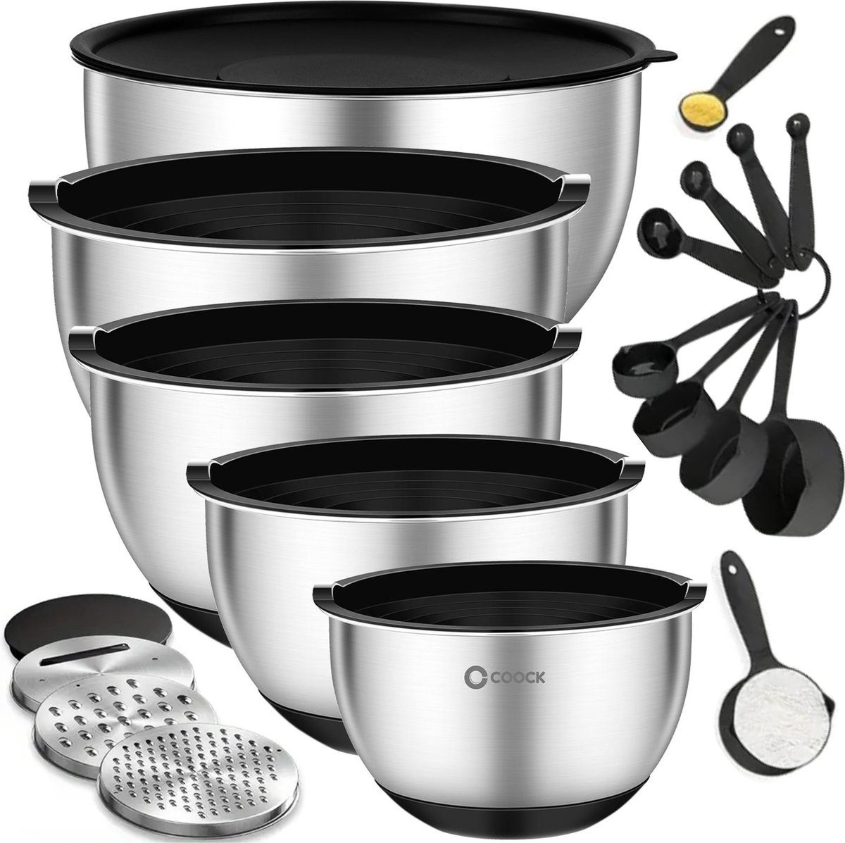 COOCK RVS Mengkommen set met Deksel - Beslagkommen met deksel - Bewaarbak met Rasp - Schaal voor Salades&Mengen - 22 Delige Set 1,5 t/m 5 Liter– Incl. Maatschepjes
