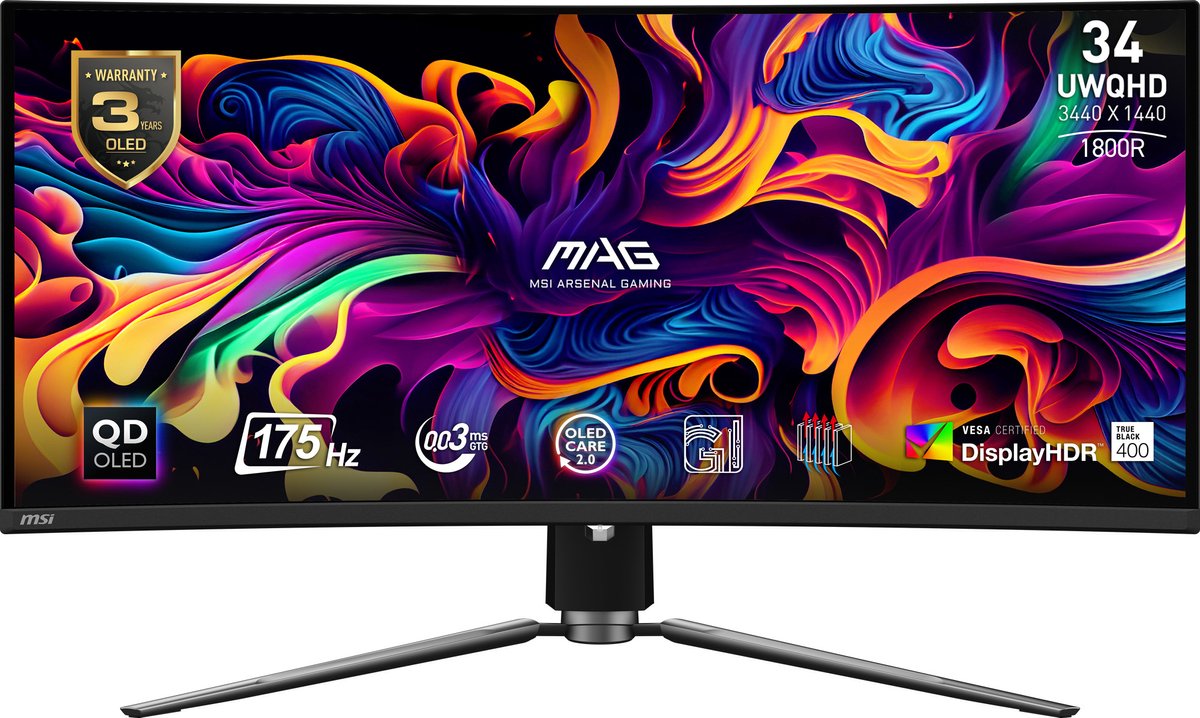MSI MAG 341CQPDE QD-OLED Gaming monitor Energielabel G (A - G) 86.9 cm (34.2 inch) 3440 x 1440 Pixel 16:9 0.03 ms HDMI, DisplayPort, Hoofdtelefoonaansluiting,