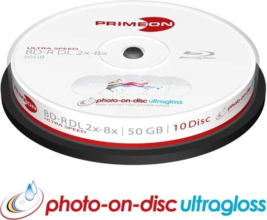 Primeon BD-R DL 50GB/2-8x Cakebox (10 Disc) GLOSSY WATERPROOF Printable