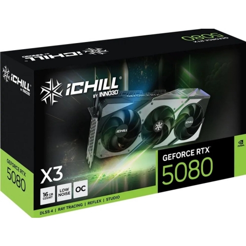Inno 3D Nvidia RTX 5080 Videokaart iChill X3 16 GB GDDR7-RAM PCIe x16 HDMI 2.1, DisplayPort 2.1 NVIDIA G-Sync , Overclocked