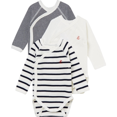 Petit Bateau Wikkelromper l/s - 3-pack - Blauw/Wit Gestreept - Petit Bateau - 1 mnd - Romper L/S