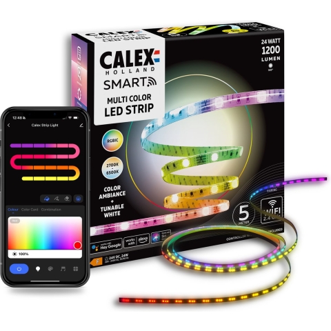 Calex Smart LED Strip - 5M, Slimme Lichtstrip, RGBIC+CCT, App bedienbaar, Binnengebruik, 24W