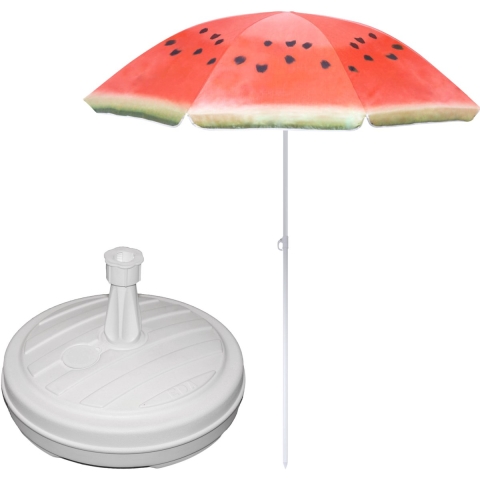 Tuin parasol - met vulbare parasolvoet in wit - doek watermeloen print rood - D160 cm - polyester -